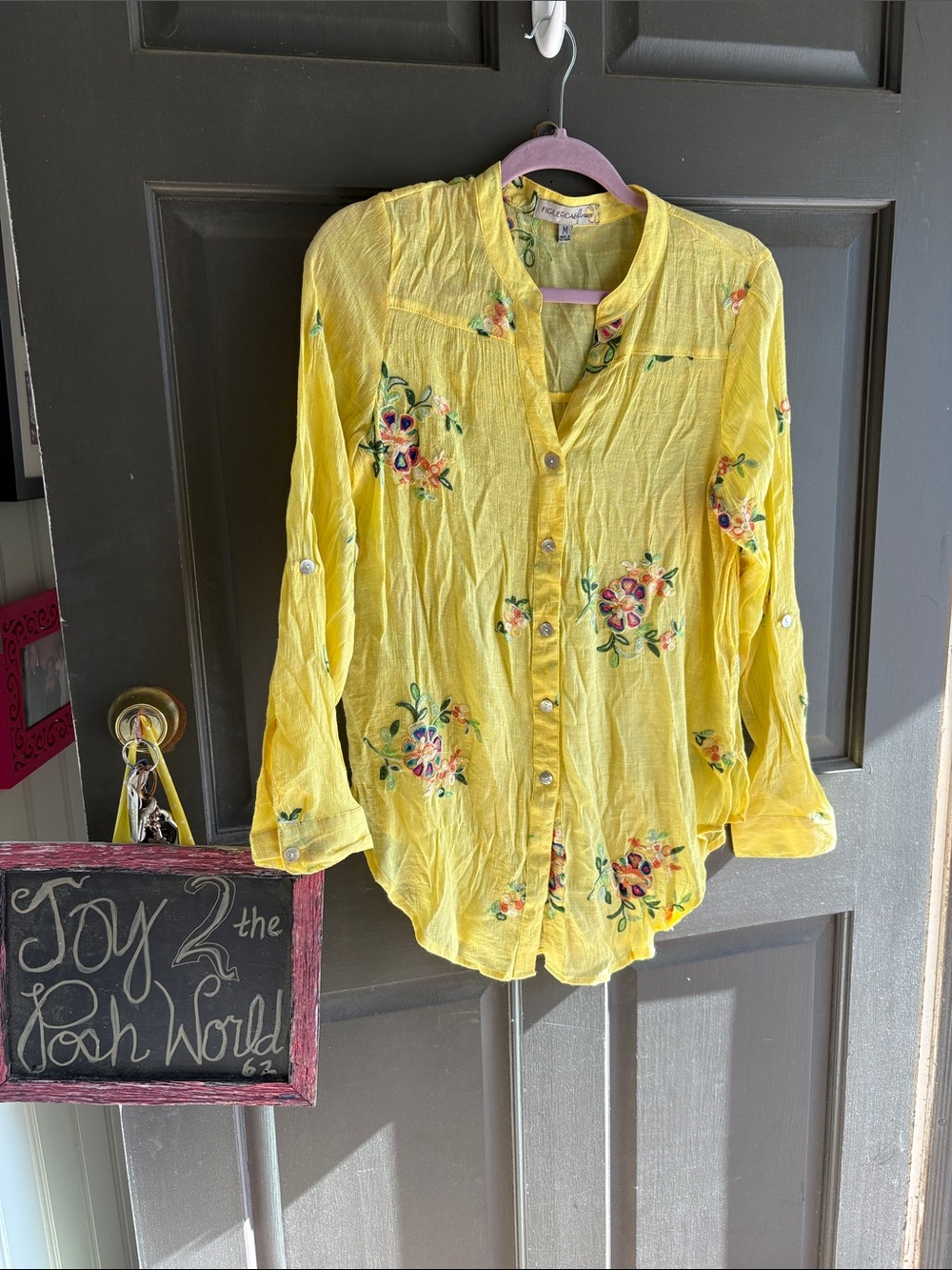 Yellow Floral Embroidered Button-Up Blouse